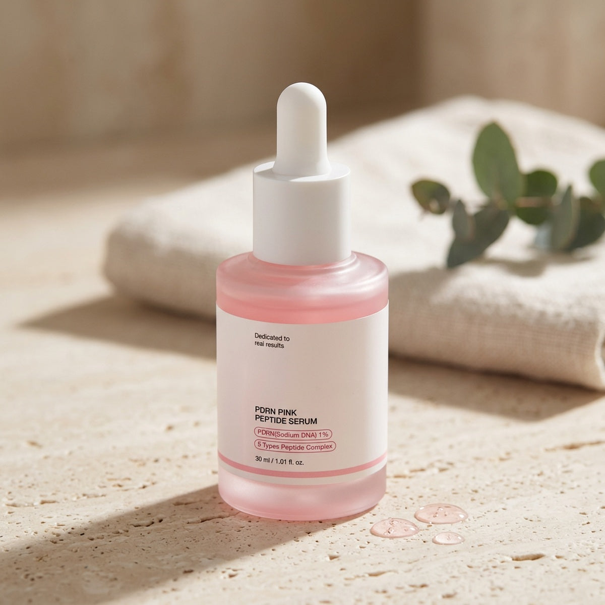 MENDING PDRN Pink Glow Serum on a bathroom vanity in morning light