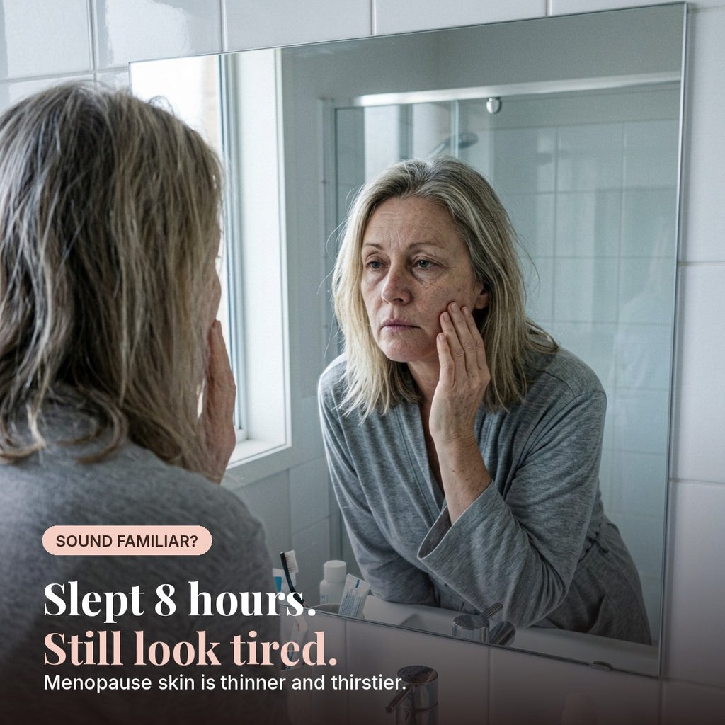 Woman in her 50s looking tired in the bathroom mirror. Menopause skin is thinner and thirstier.