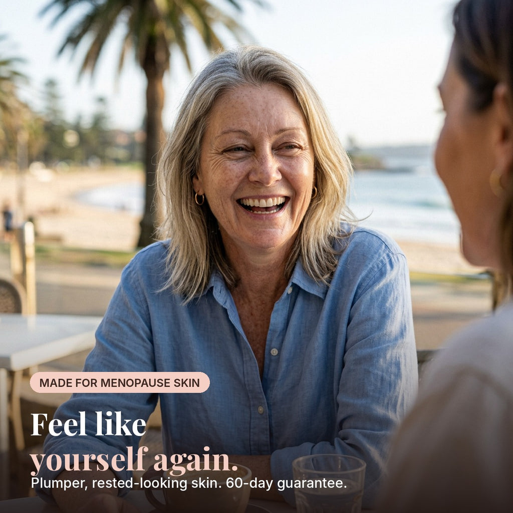 Woman in her 50s laughing at a beachside cafe. Feel like yourself again.