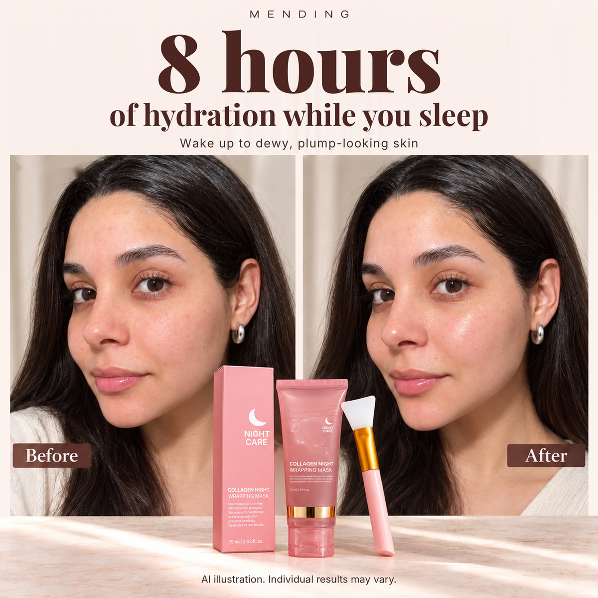 8 hours of hydration while you sleep, before and after illustration