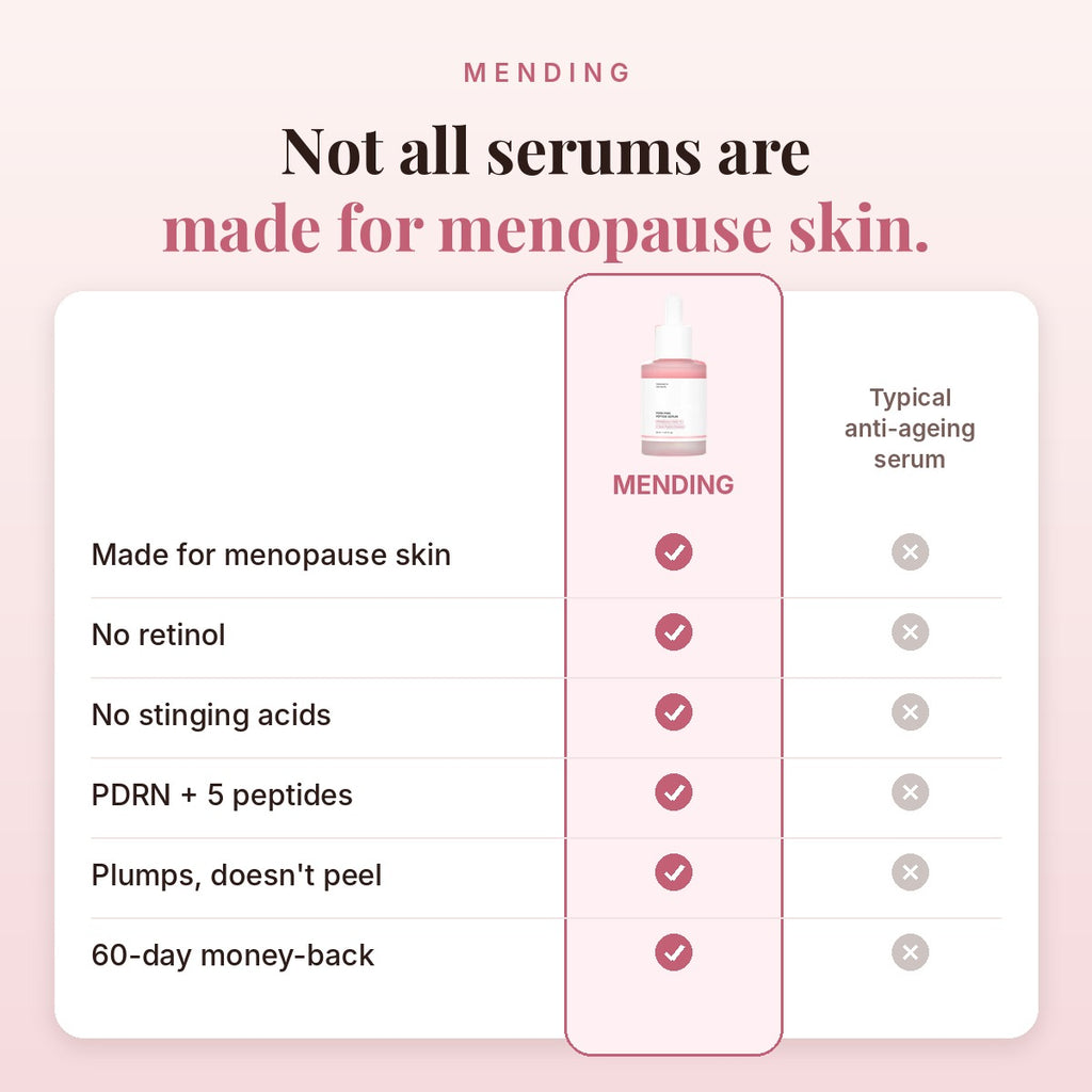 MENDING vs a typical anti-ageing serum: made for menopause skin, no retinol, no acids, 60-day money-back